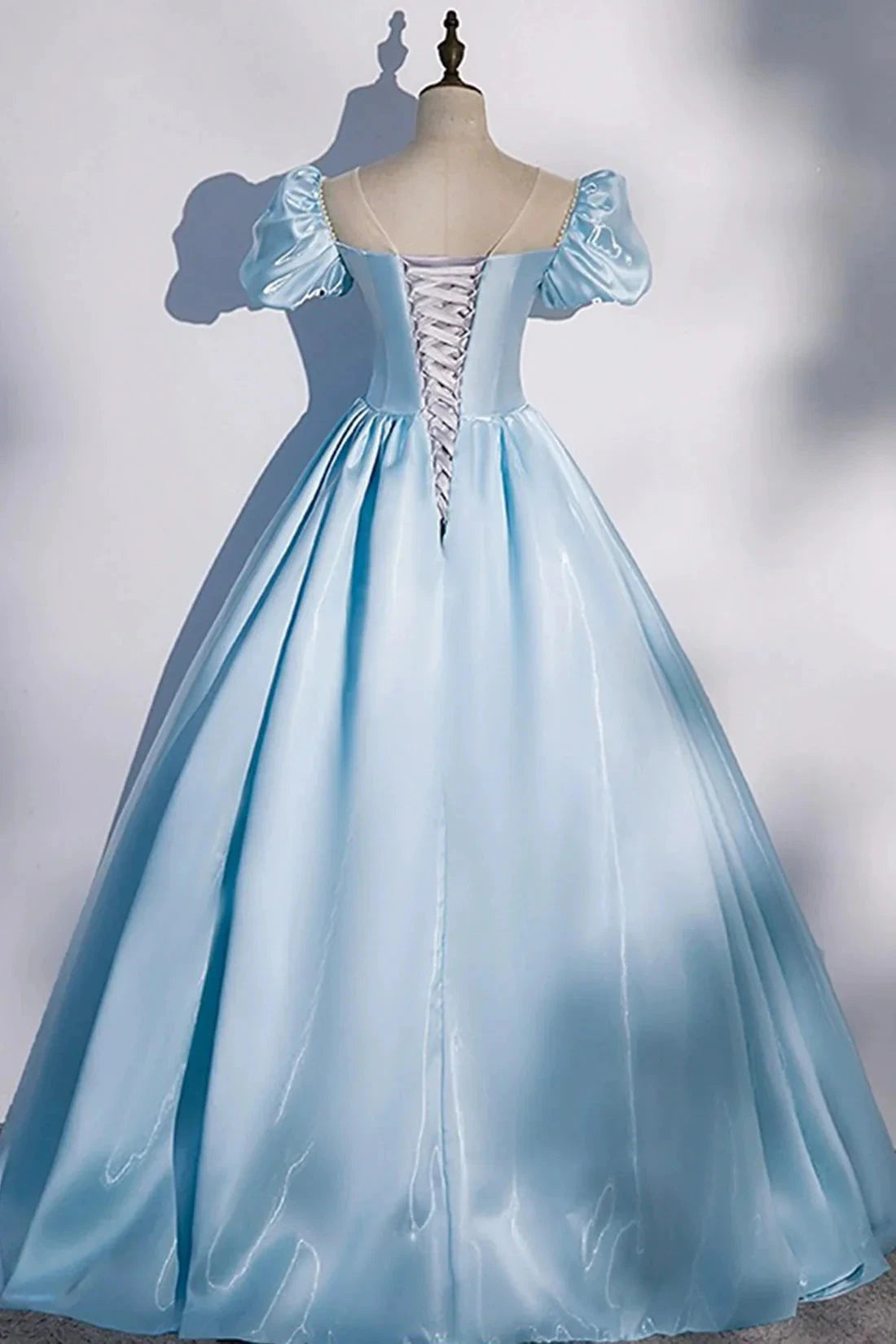 Blue Satin Long Prom Dress Blue A-Line Scoop Neckline Short Sleeve Evening Dress simple gentle atmospheric and unique desi Bring summer colors to enhance white by YiHuiw