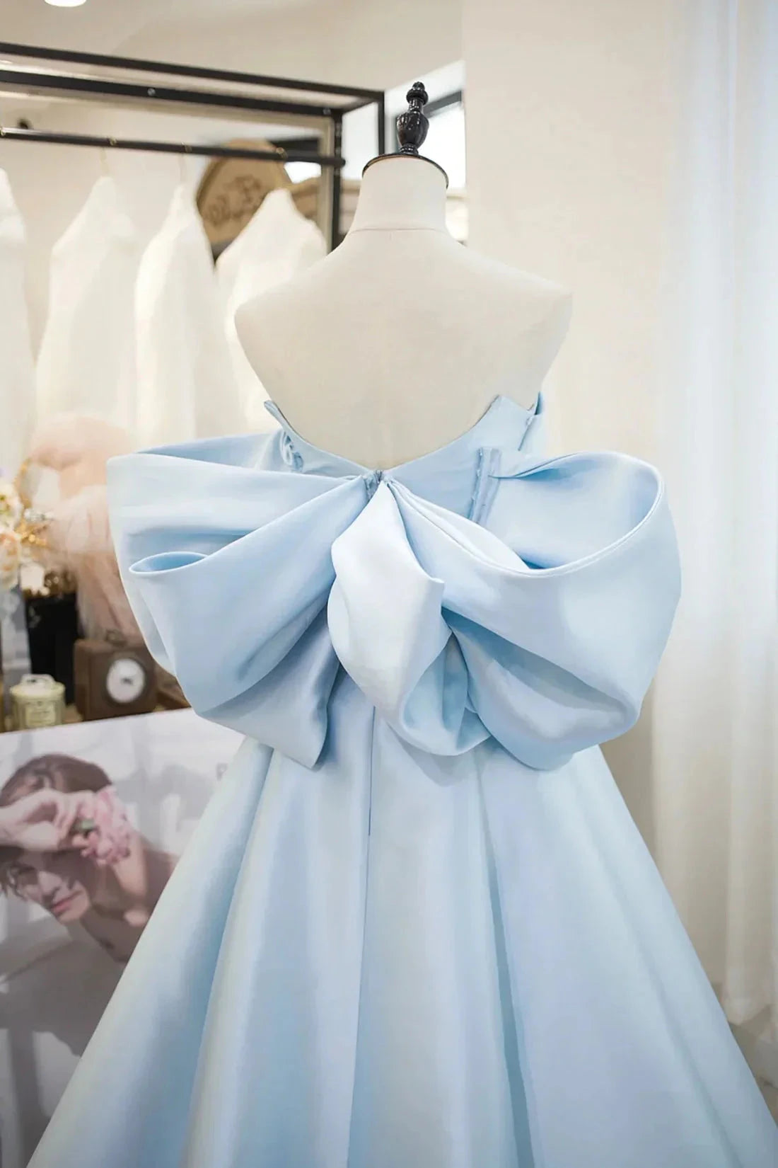 Blue Satin Spaghetti Strap Long Prom Dress with Big Bow Blue A-Line Evening Party Dress simple gentle atmospheric and unique desi Bring summer colors to enhance white by YiHuiw