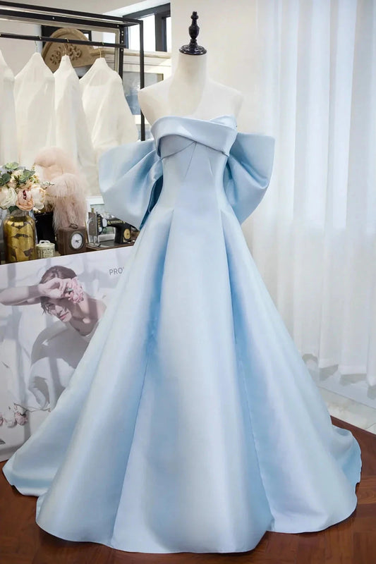 Blue Satin Spaghetti Strap Long Prom Dress with Big Bow Blue A-Line Evening Party Dress simple gentle atmospheric and unique desi Bring summer colors to enhance white by YiHuiw