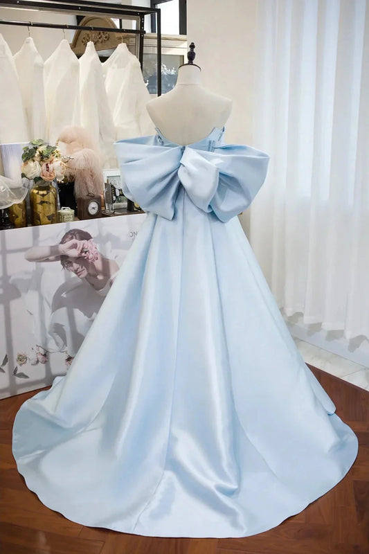 Blue Satin Spaghetti Strap Long Prom Dress with Big Bow Blue A-Line Evening Party Dress simple gentle atmospheric and unique desi Bring summer colors to enhance white by YiHuiw