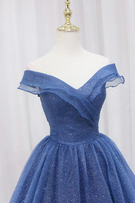 Blue Shiny Tulle Off the Shoulder Prom Dress Blue V-Neck Evening Dress simple gentle atmospheric and unique desi Bring summer colors to enhance whitenes by YiHuiw