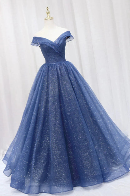 Blue Shiny Tulle Off the Shoulder Prom Dress Blue V-Neck Evening Dress simple gentle atmospheric and unique desi Bring summer colors to enhance whitenes by YiHuiw