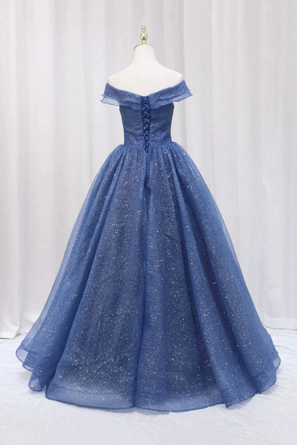 Blue Shiny Tulle Off the Shoulder Prom Dress Blue V-Neck Evening Dress simple gentle atmospheric and unique desi Bring summer colors to enhance whitenes by YiHuiw