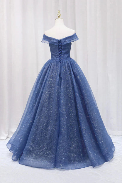 Blue Shiny Tulle Off the Shoulder Prom Dress Blue V-Neck Evening Dress simple gentle atmospheric and unique desi Bring summer colors to enhance whitenes by YiHuiw