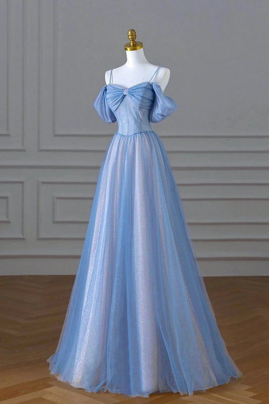 Blue Spaghetti Strap Tulle Long Prom Dress Beautiful A-Line Evening Dress simple gentle atmospheric and unique desi Bring summer colors to enhance white by YiHuiw