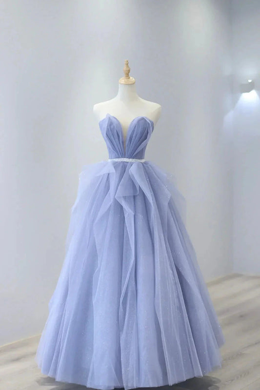 Blue Strapless Tulle Long Prom Dress Lovely Sweetheart Neckline Evening Dress simple gentle atmospheric and unique desi Bring summer colors to enhance white by YiHuiw