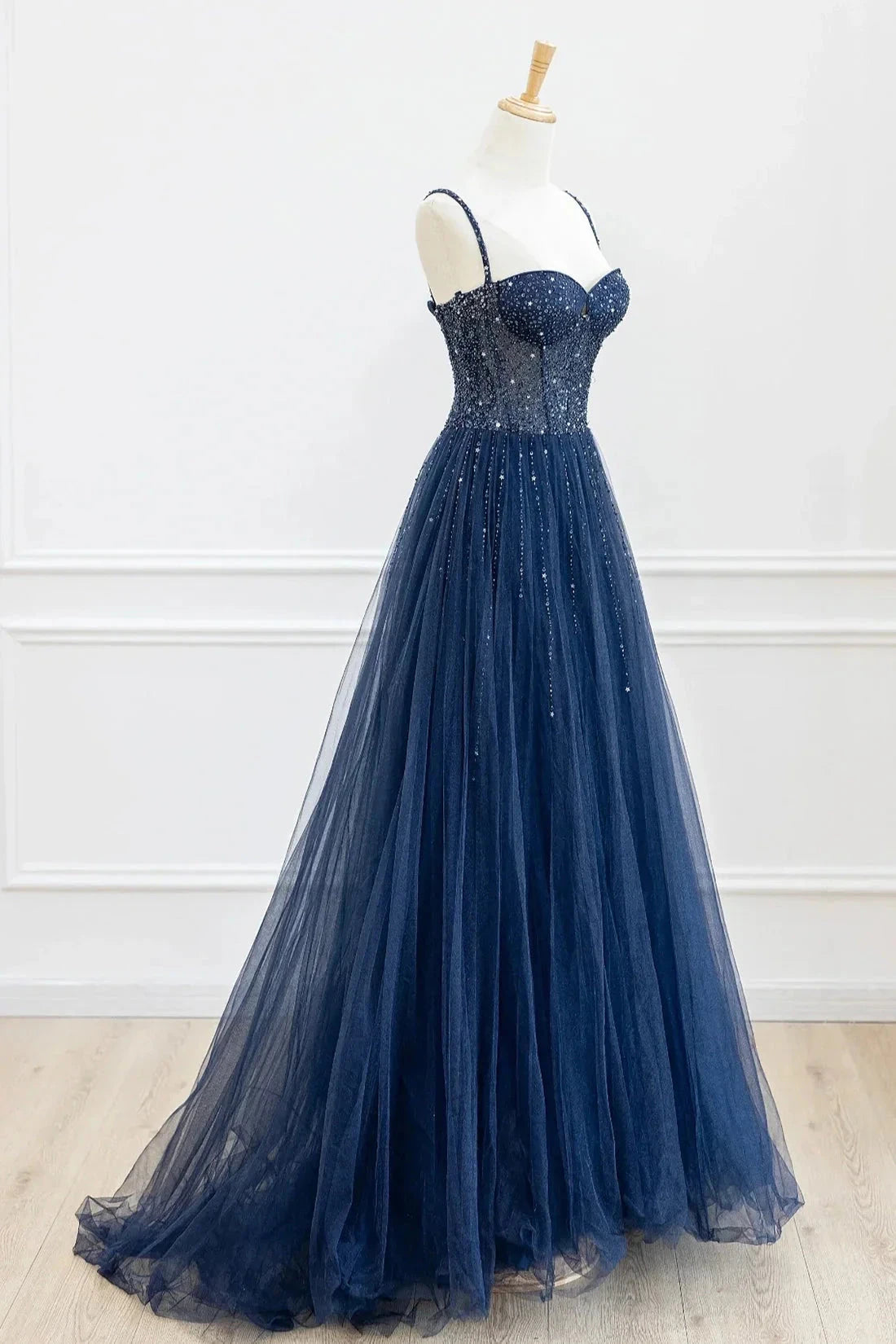 Blue Tulle Beaded Long Prom Dress Formal Dress Blue Evening Dress simple gentle atmospheric and unique desi Bring summer colors to enhance white by YiHuiw