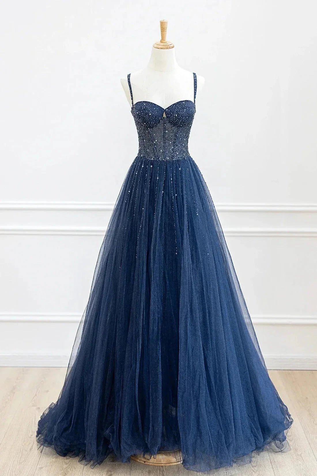 Blue Tulle Beaded Long Prom Dress Formal Dress Blue Evening Dress simple gentle atmospheric and unique desi Bring summer colors to enhance white by YiHuiw