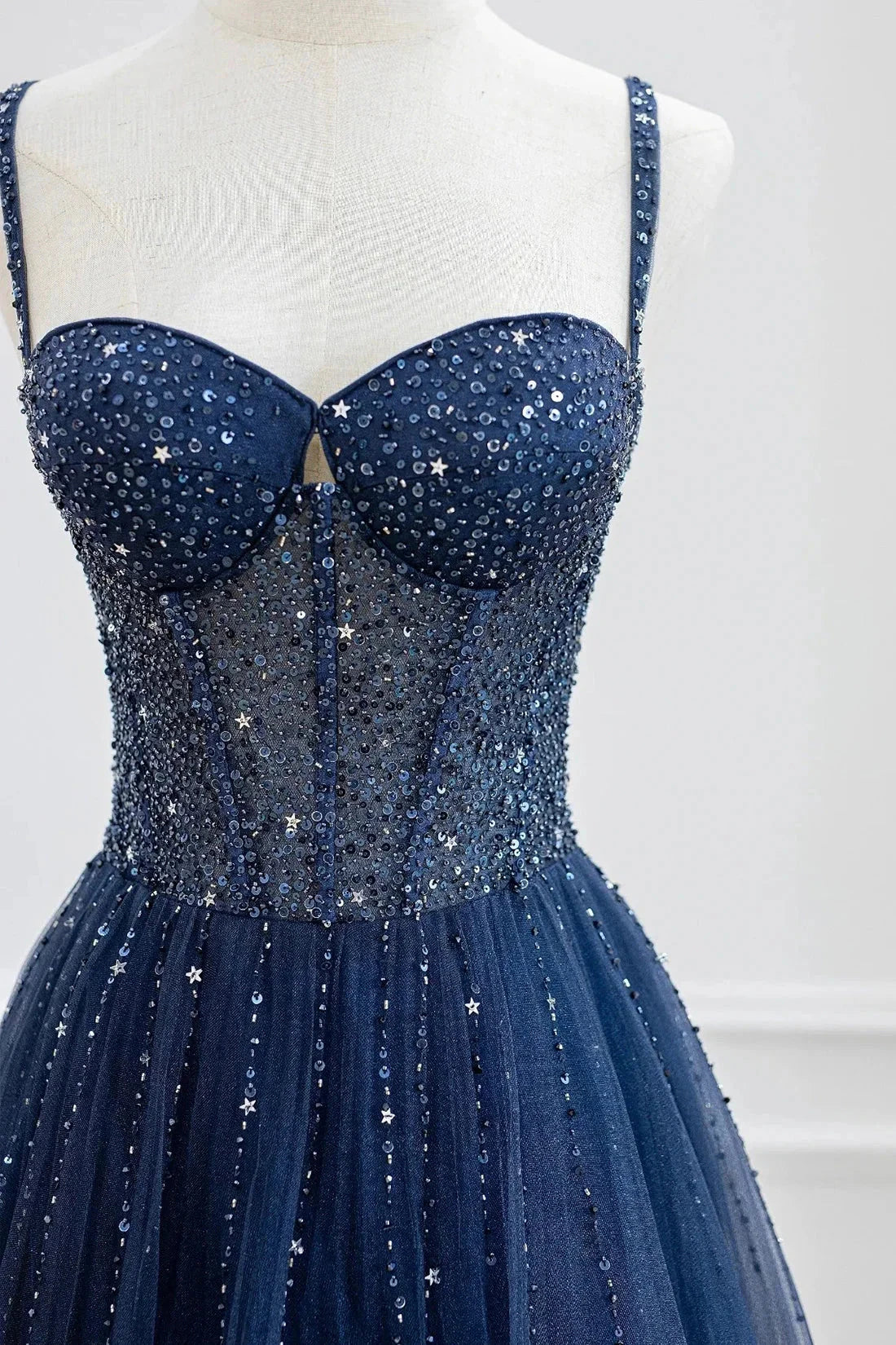 Blue Tulle Beaded Long Prom Dress Formal Dress Blue Evening Dress simple gentle atmospheric and unique desi Bring summer colors to enhance white by YiHuiw