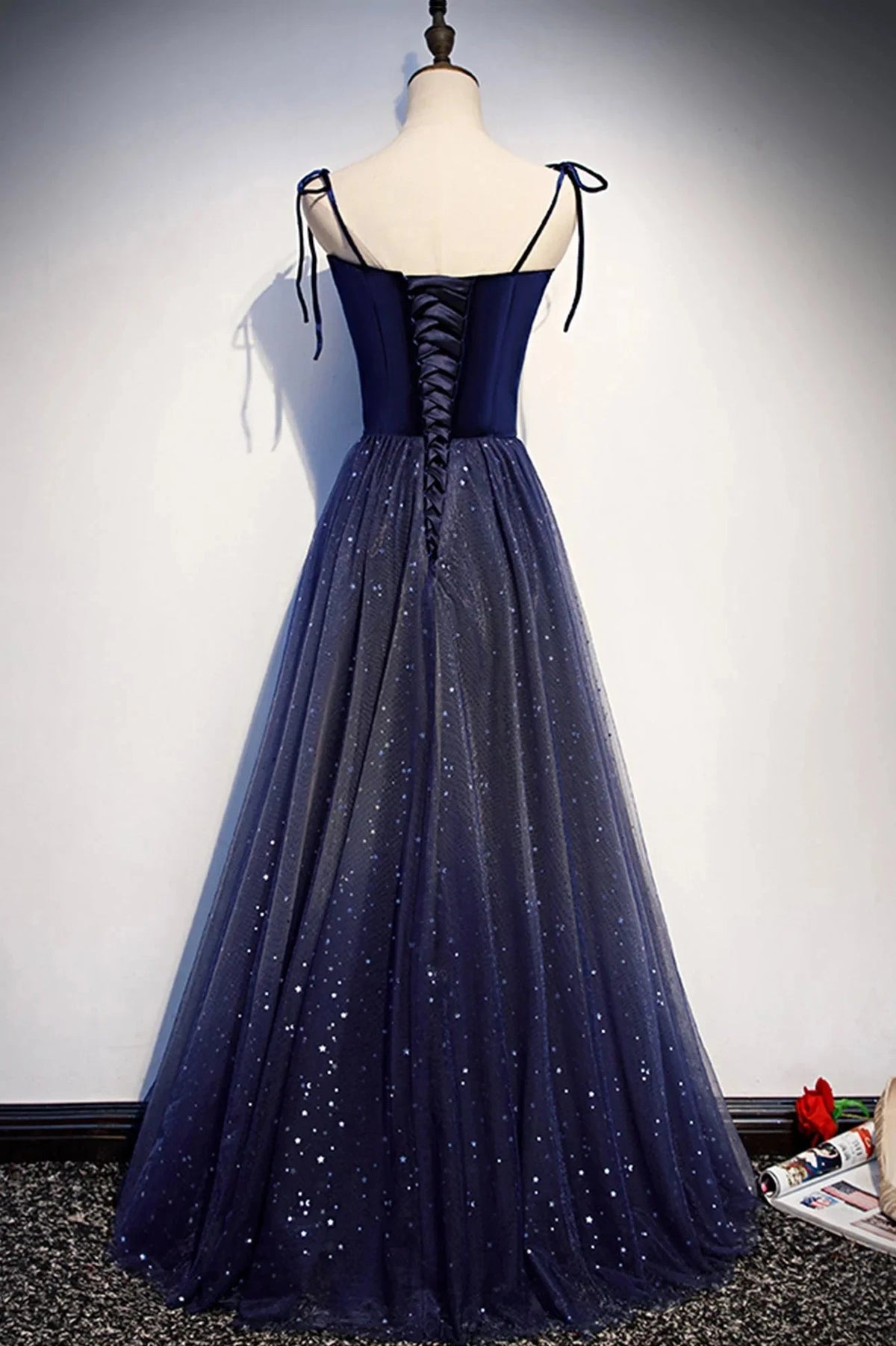 Blue Tulle Long A-Line Prom Dress Blue Spaghetti Strap Evening Party Dress simple gentle atmospheric and unique desi Bring summer colors to enhance whitenes by YiHuiw