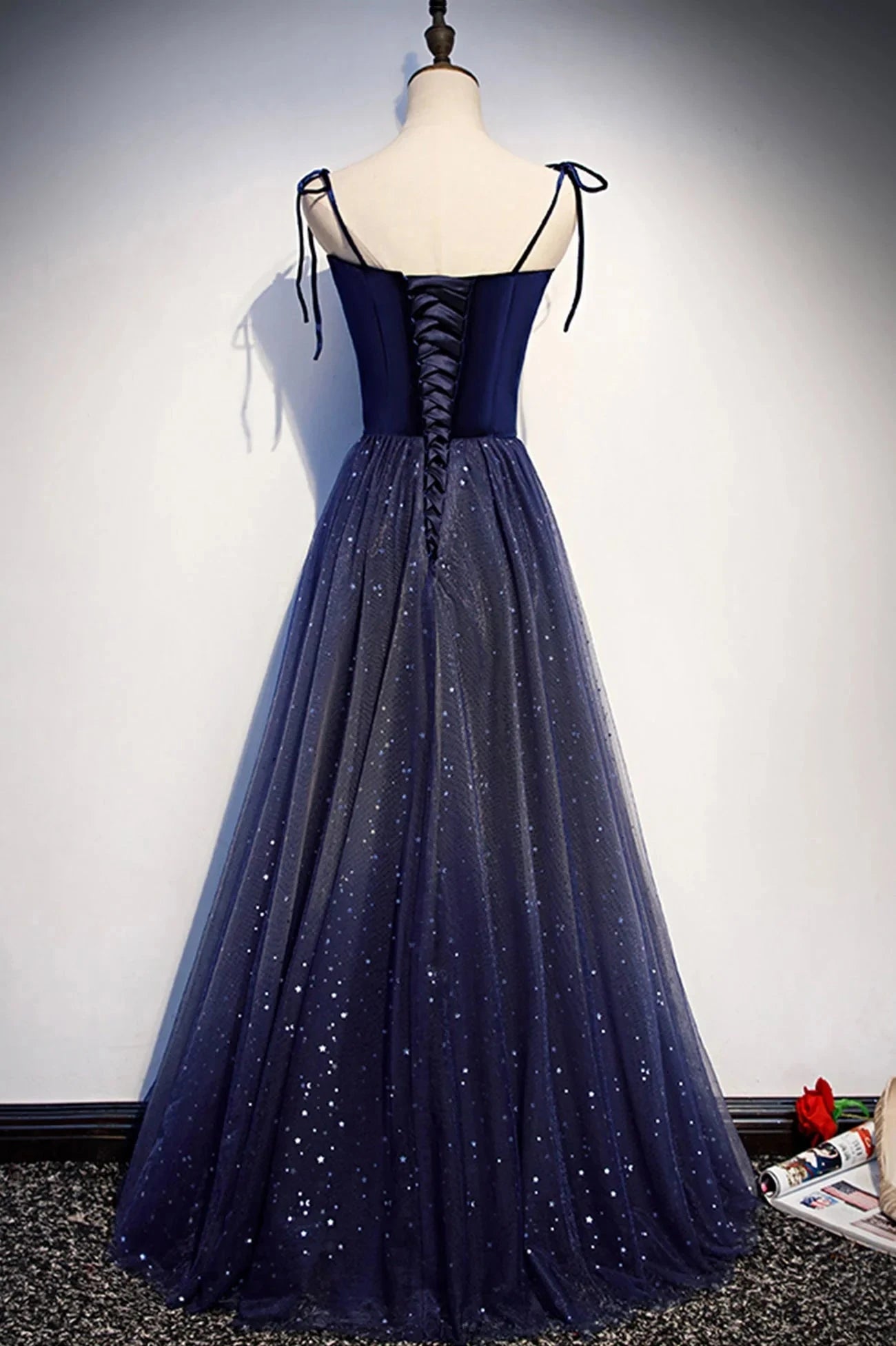 Blue Tulle Long A-Line Prom Dress Blue Spaghetti Strap Evening Party Dress simple gentle atmospheric and unique desi Bring summer colors to enhance whitenes by YiHuiw