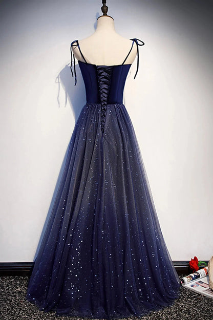 Blue Tulle Long A-Line Prom Dress Blue Spaghetti Strap Evening Party Dress simple gentle atmospheric and unique desi Bring summer colors to enhance whitenes by YiHuiw