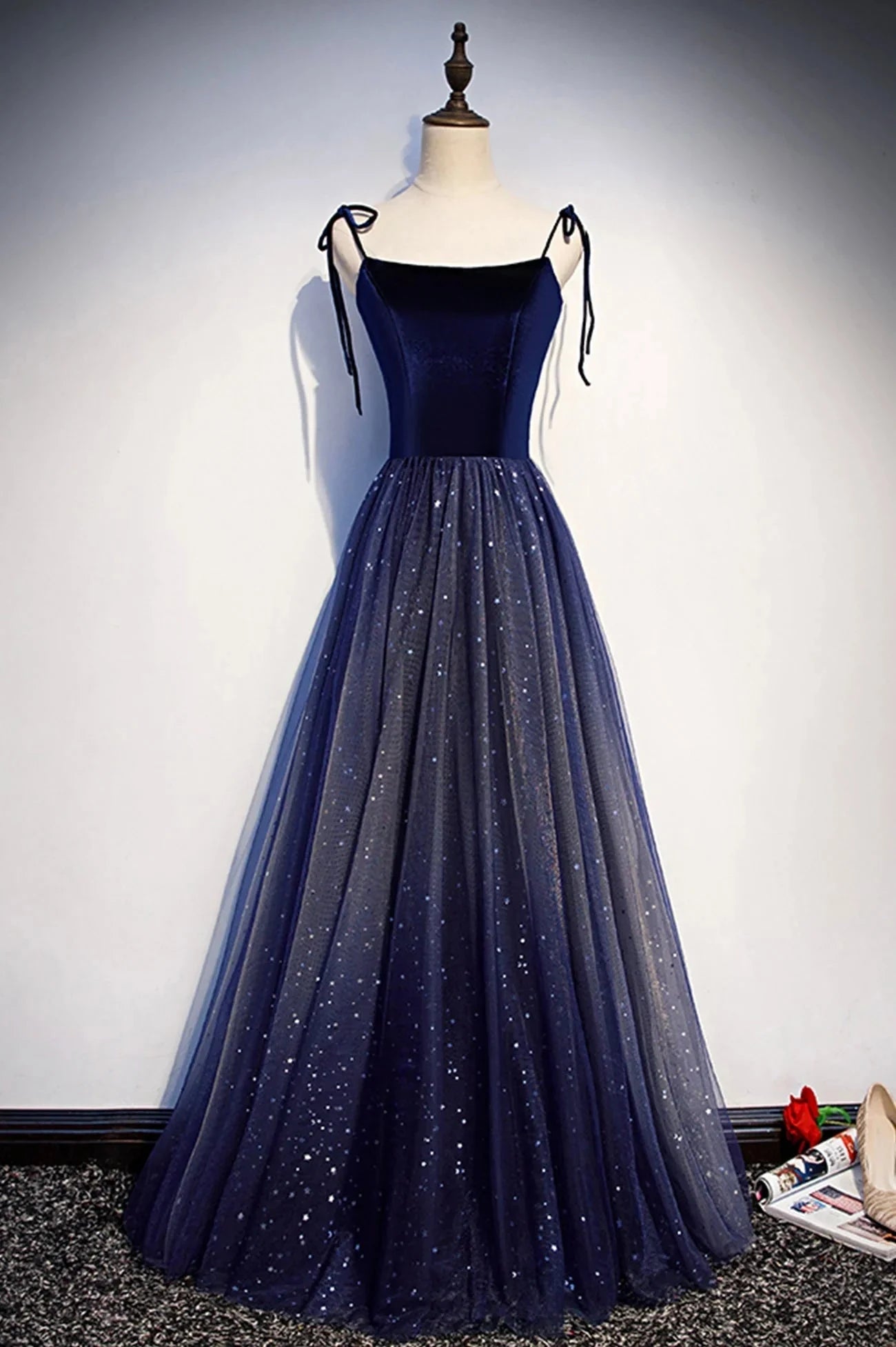 Blue Tulle Long A-Line Prom Dress Blue Spaghetti Strap Evening Party Dress simple gentle atmospheric and unique desi Bring summer colors to enhance whitenes by YiHuiw