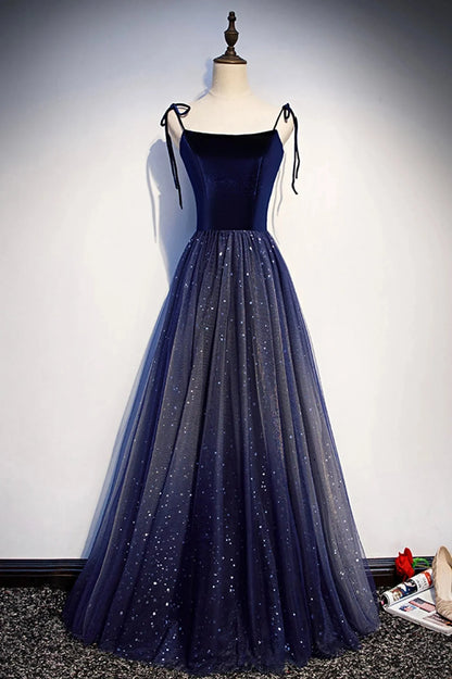 Blue Tulle Long A-Line Prom Dress Blue Spaghetti Strap Evening Party Dress simple gentle atmospheric and unique desi Bring summer colors to enhance whitenes by YiHuiw
