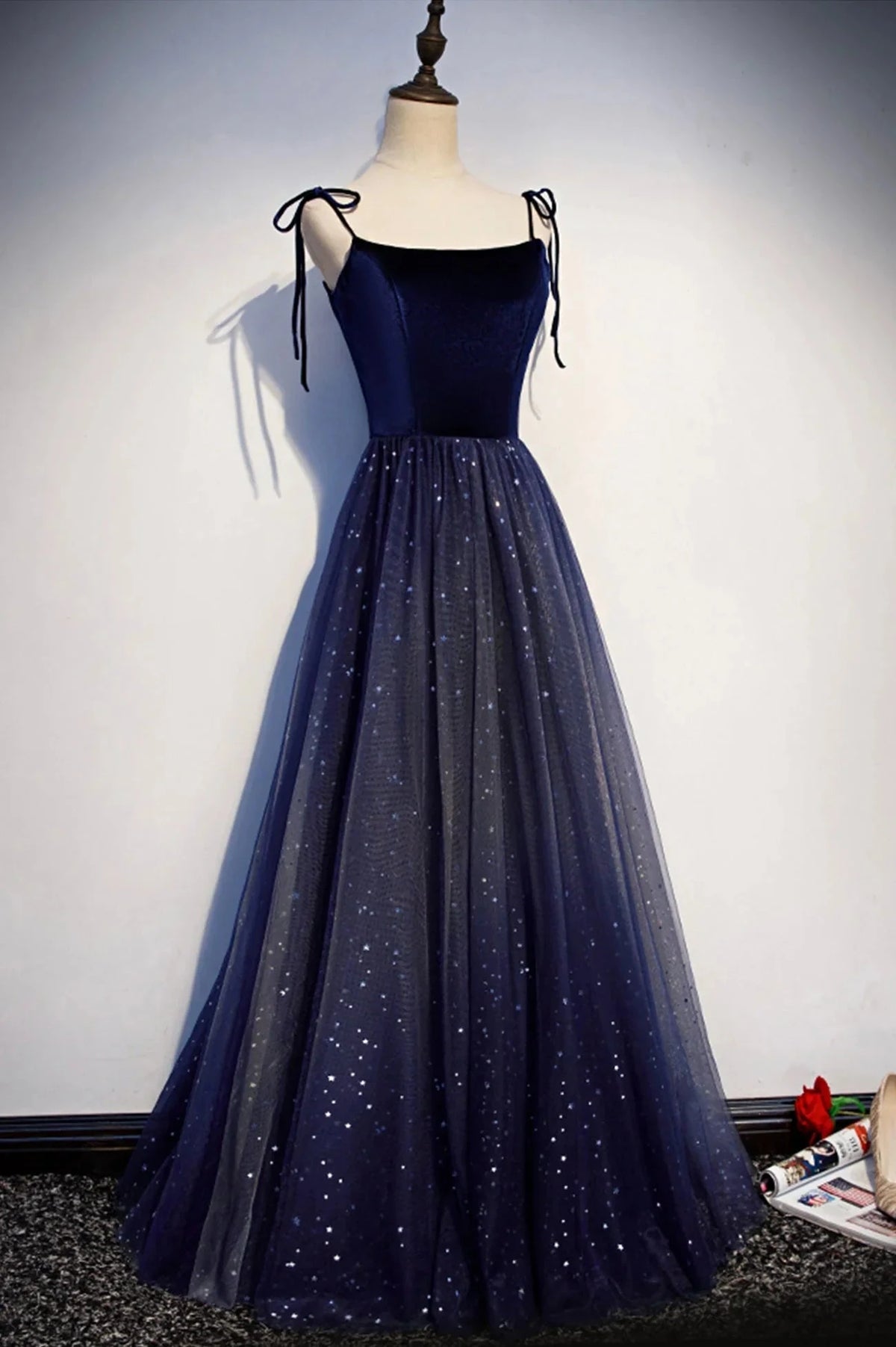 Blue Tulle Long A-Line Prom Dress Blue Spaghetti Strap Evening Party Dress simple gentle atmospheric and unique desi Bring summer colors to enhance whitenes by YiHuiw