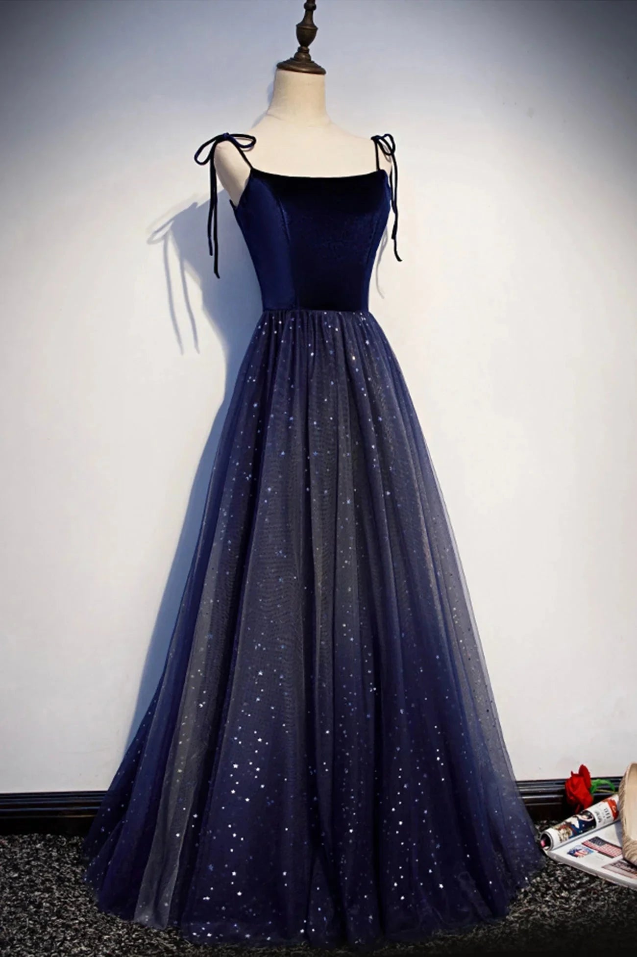 Blue Tulle Long A-Line Prom Dress Blue Spaghetti Strap Evening Party Dress simple gentle atmospheric and unique desi Bring summer colors to enhance whitenes by YiHuiw
