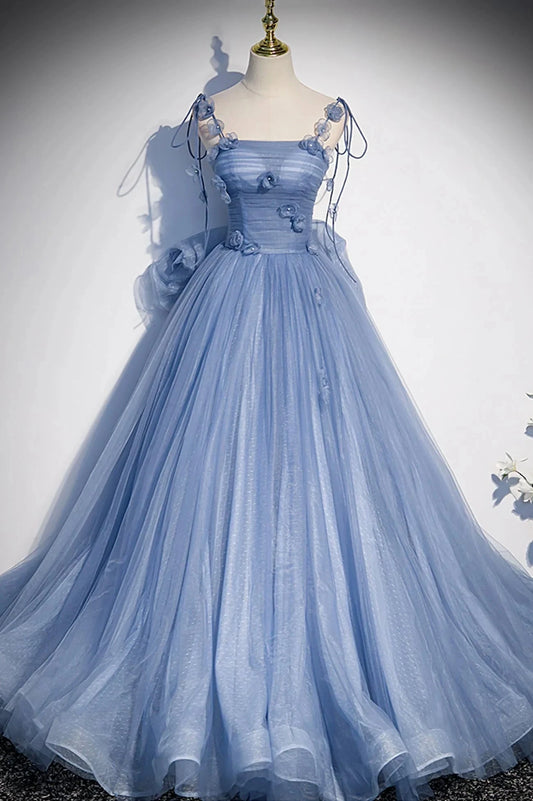 Blue Tulle Long A-Line Prom Dress Blue Spaghetti Straps Party Dress with Bow simple gentle atmospheric and unique desi Bring summer colors to enhance whitenes by YiHuiw