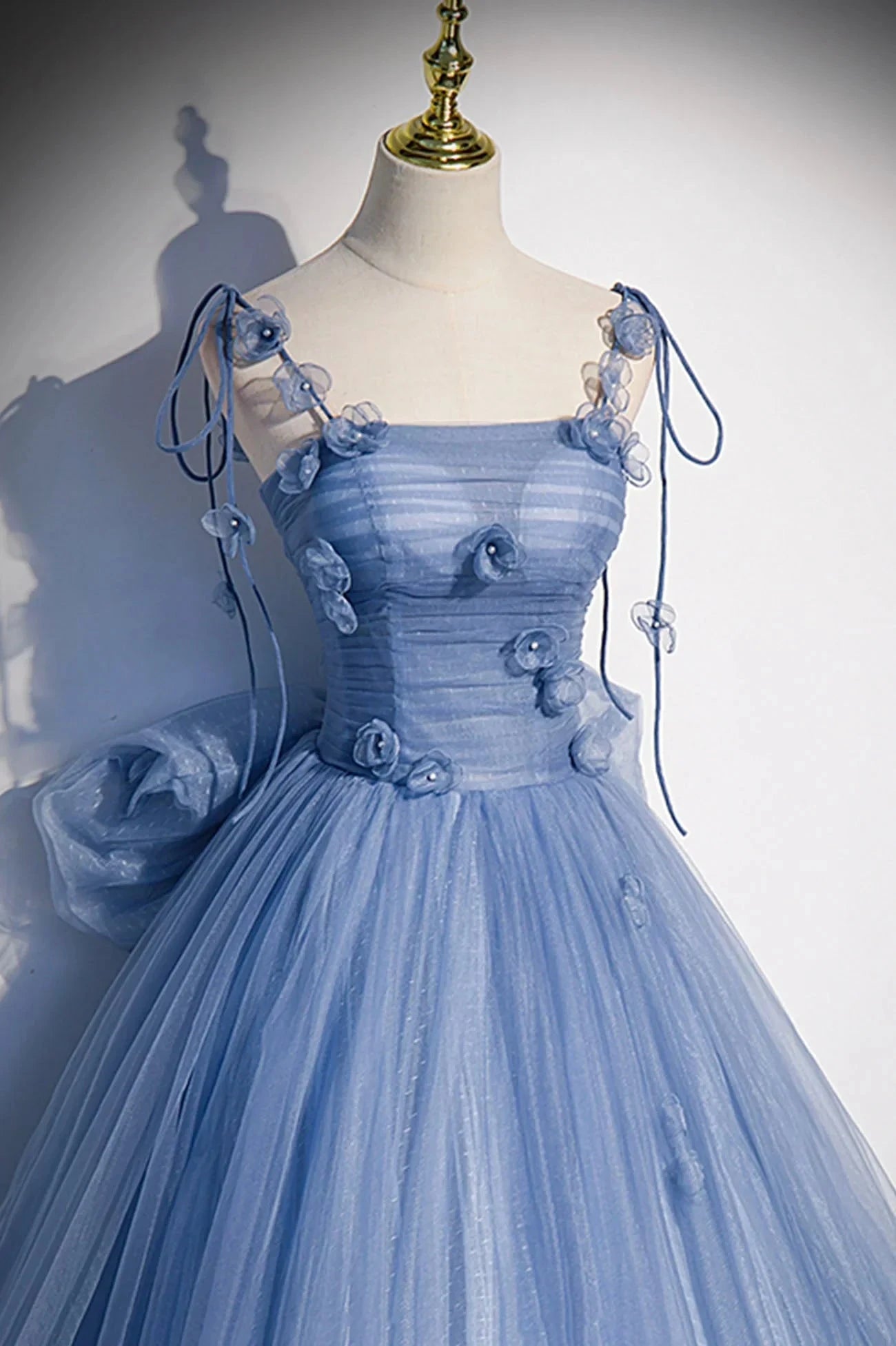 Blue Tulle Long A-Line Prom Dress Blue Spaghetti Straps Party Dress with Bow simple gentle atmospheric and unique desi Bring summer colors to enhance whitenes by YiHuiw