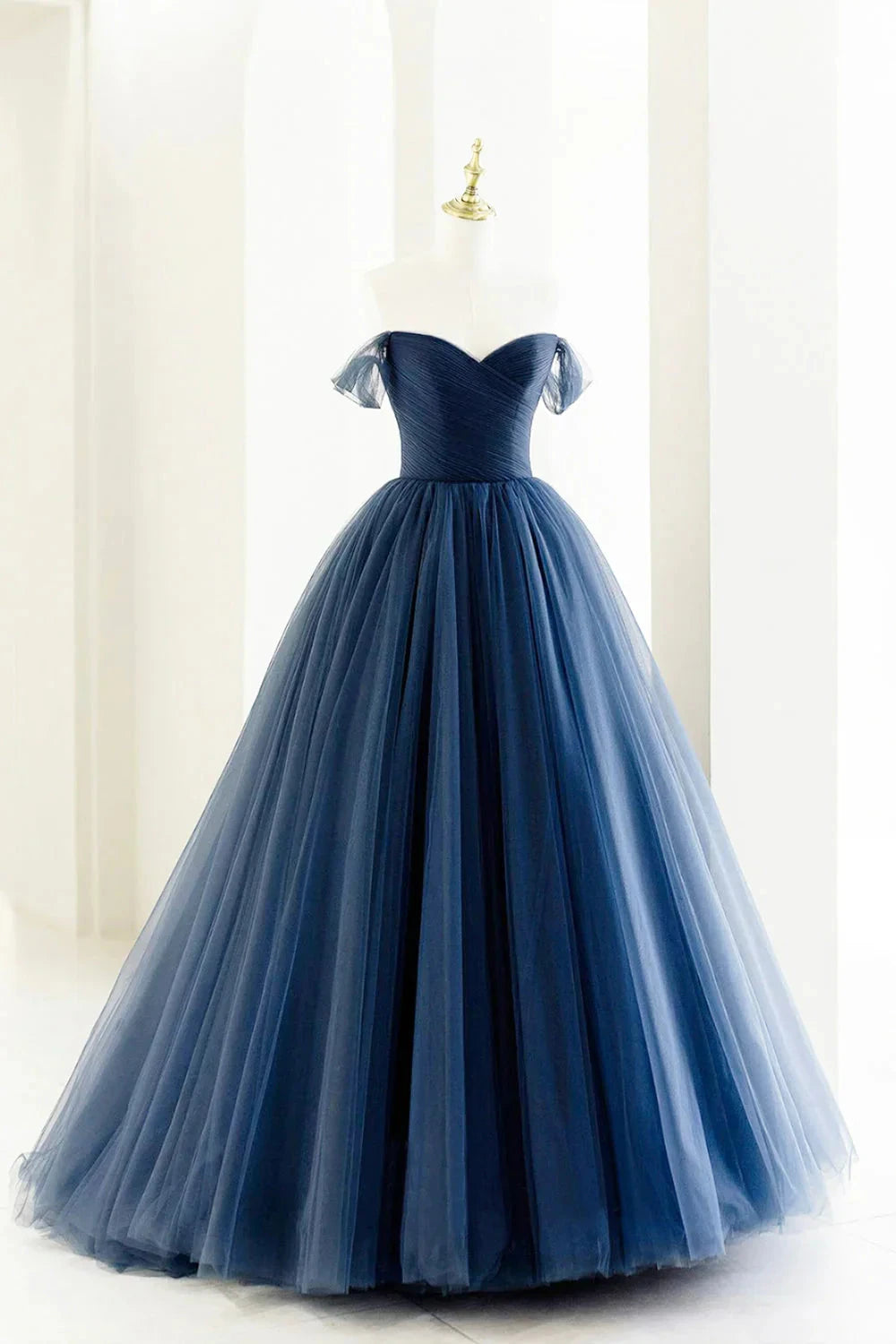 Blue Tulle Long A-Line Prom Dress Off the Shoulder Formal Evening Dress simple gentle atmospheric and unique desi Bring summer colors to enhance white by YiHuiw