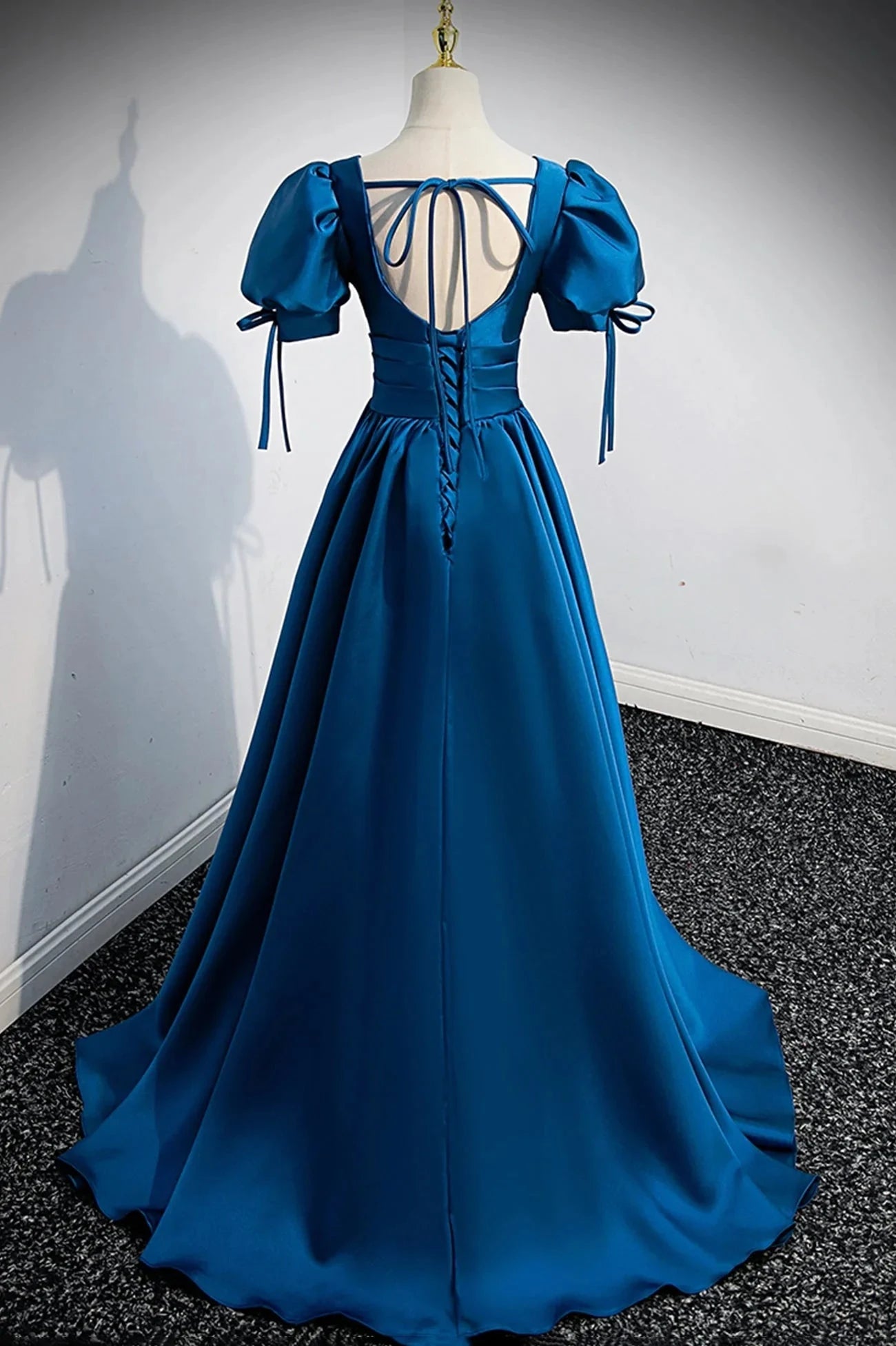 Blue V-Neck Satin Long Prom Dress A-Line Short Sleeve Evening Dress simple gentle atmospheric and unique desi Bring summer colors to enhance whitenes by YiHuiw