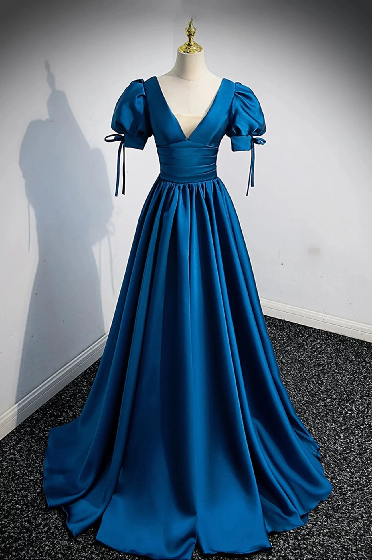 Blue V-Neck Satin Long Prom Dress A-Line Short Sleeve Evening Dress simple gentle atmospheric and unique desi Bring summer colors to enhance whitenes by YiHuiw