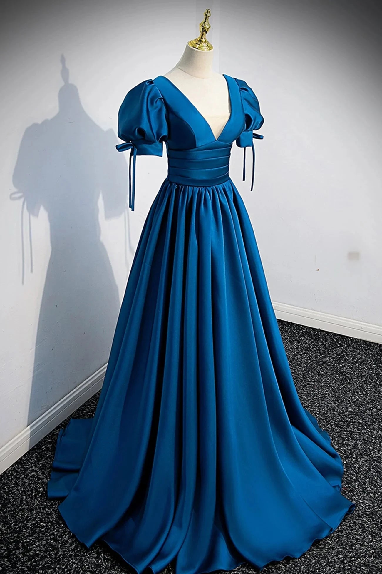 Blue V-Neck Satin Long Prom Dress A-Line Short Sleeve Evening Dress simple gentle atmospheric and unique desi Bring summer colors to enhance whitenes by YiHuiw