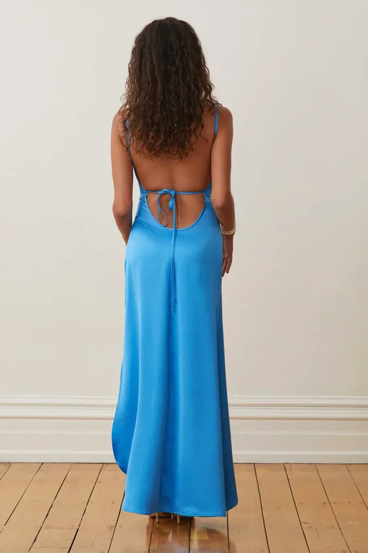 Sky Blue Satin Prom Dress with Cowl Neckline and High Slit