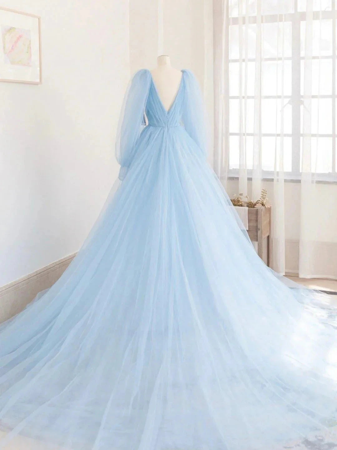 Blue V-Neck Tulle Long Prom Dress A-Line Long Sleeve Evening Dress simple gentle atmospheric and unique desi Bring summer colors to enhance white by YiHuiw