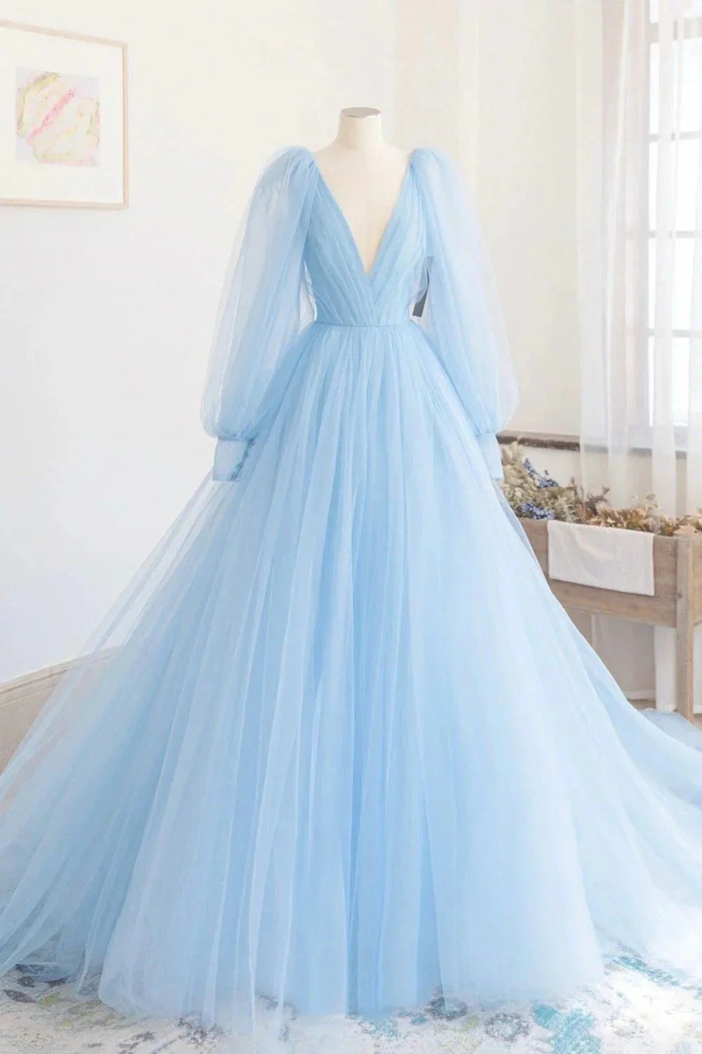 Blue V-Neck Tulle Long Prom Dress A-Line Long Sleeve Evening Dress simple gentle atmospheric and unique desi Bring summer colors to enhance white by YiHuiw