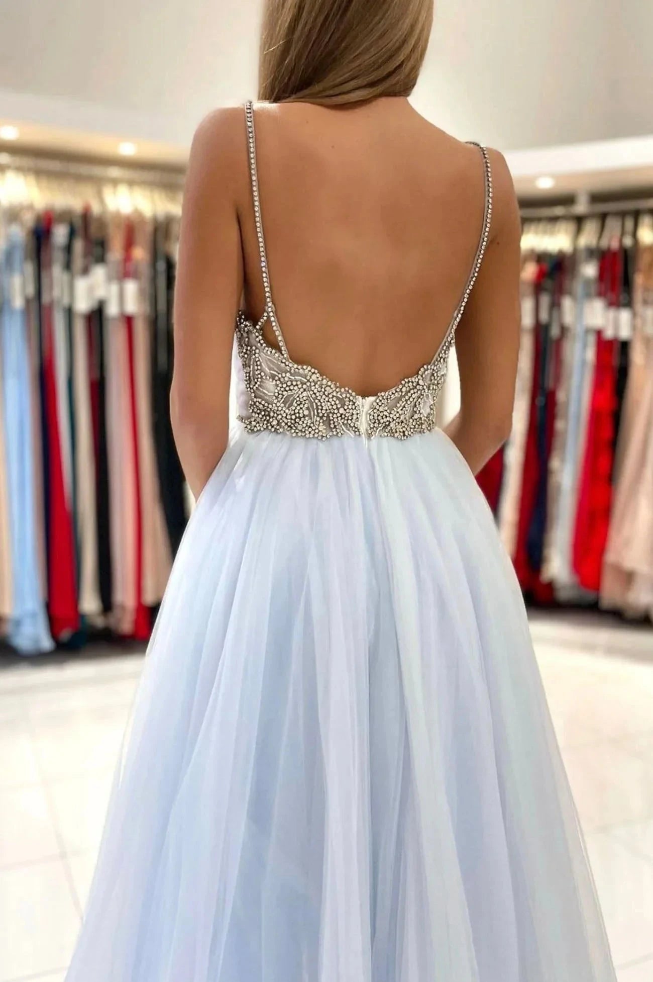 Blue V-Neck Tulle Long Prom Dress A-Line Spaghetti Straps Evening Party Dress simple gentle atmospheric and unique desi Bring summer colors to enhance whitenes by YiHuiw