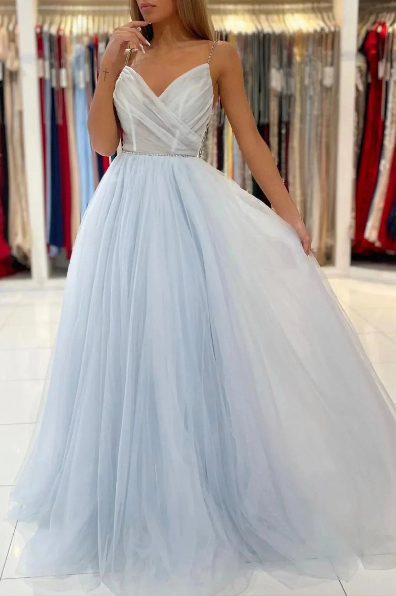 Blue V-Neck Tulle Long Prom Dress A-Line Spaghetti Straps Evening Party Dress simple gentle atmospheric and unique desi Bring summer colors to enhance whitenes by YiHuiw