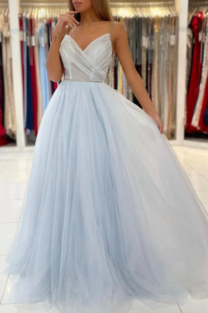 Blue V-Neck Tulle Long Prom Dress A-Line Spaghetti Straps Evening Party Dress simple gentle atmospheric and unique desi Bring summer colors to enhance whitenes by YiHuiw