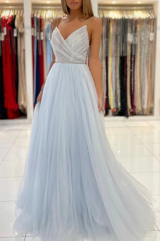 Blue V-Neck Tulle Long Prom Dress A-Line Spaghetti Straps Evening Party Dress simple gentle atmospheric and unique desi Bring summer colors to enhance whitenes by YiHuiw
