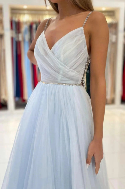 Blue V-Neck Tulle Long Prom Dress A-Line Spaghetti Straps Evening Party Dress simple gentle atmospheric and unique desi Bring summer colors to enhance whitenes by YiHuiw