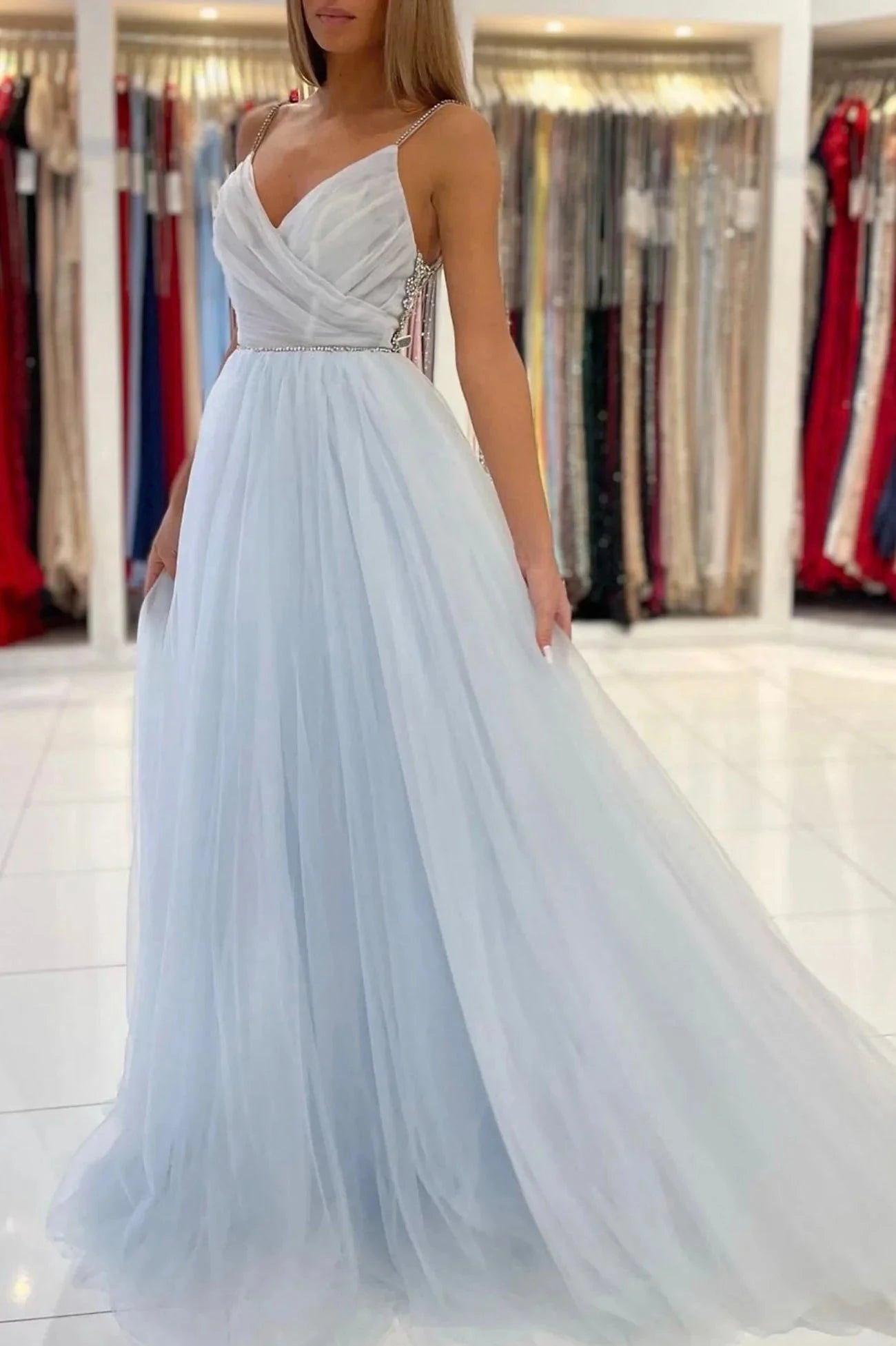 Blue V-Neck Tulle Long Prom Dress A-Line Spaghetti Straps Evening Party Dress simple gentle atmospheric and unique desi Bring summer colors to enhance whitenes by YiHuiw