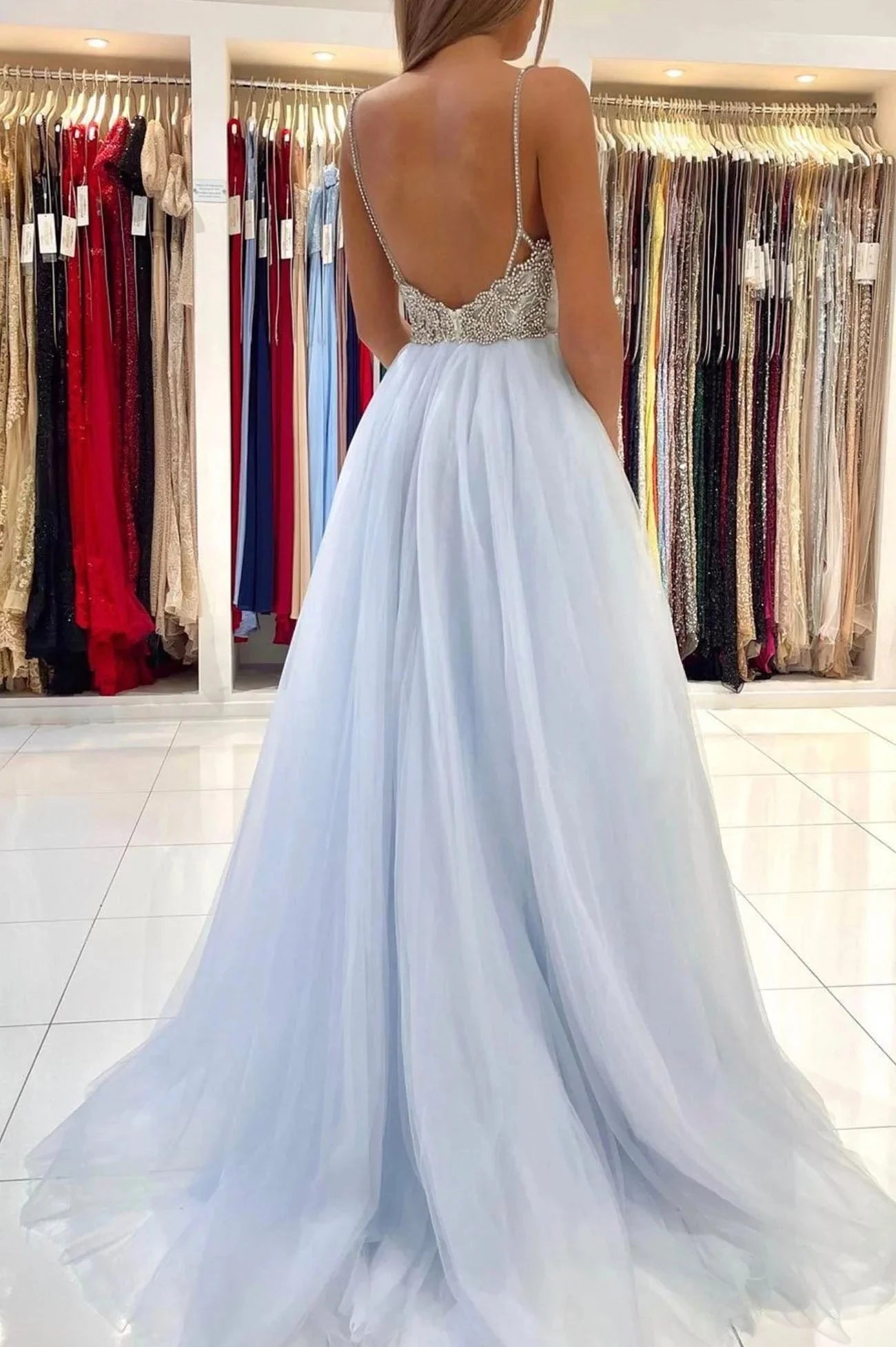 Blue V-Neck Tulle Long Prom Dress A-Line Spaghetti Straps Evening Party Dress simple gentle atmospheric and unique desi Bring summer colors to enhance whitenes by YiHuiw