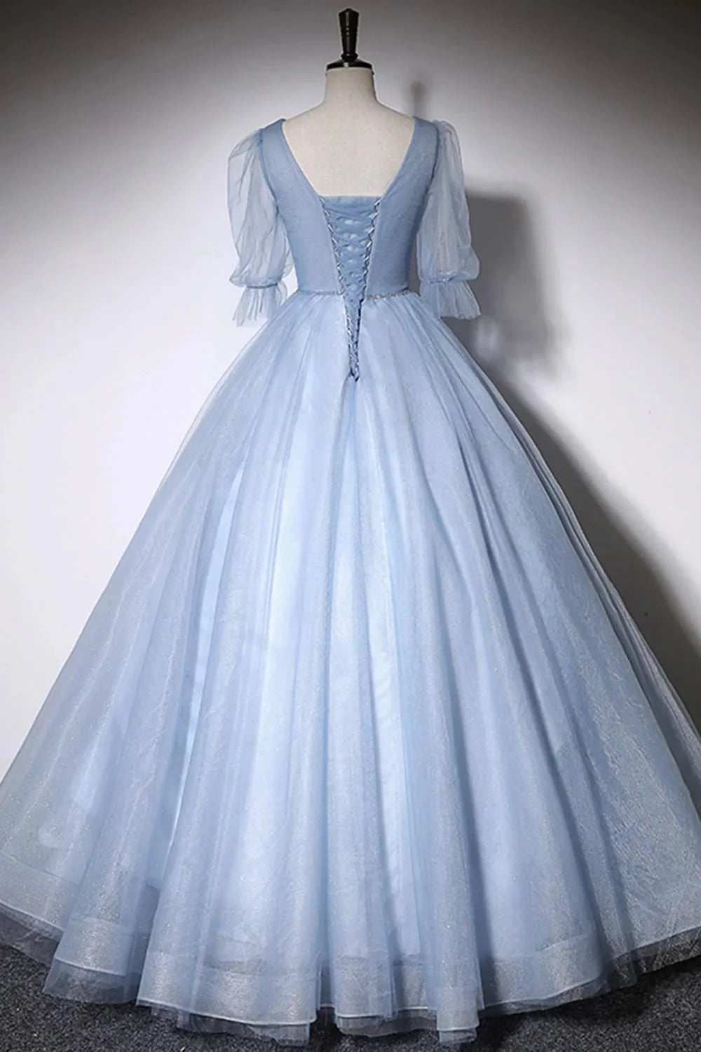 Blue V-Neck Tulle Long Prom Dress, A-Line Formal Evening Dress simple gentle atmospheric and unique desi Bring summer colors to enhance white by YiHuiw