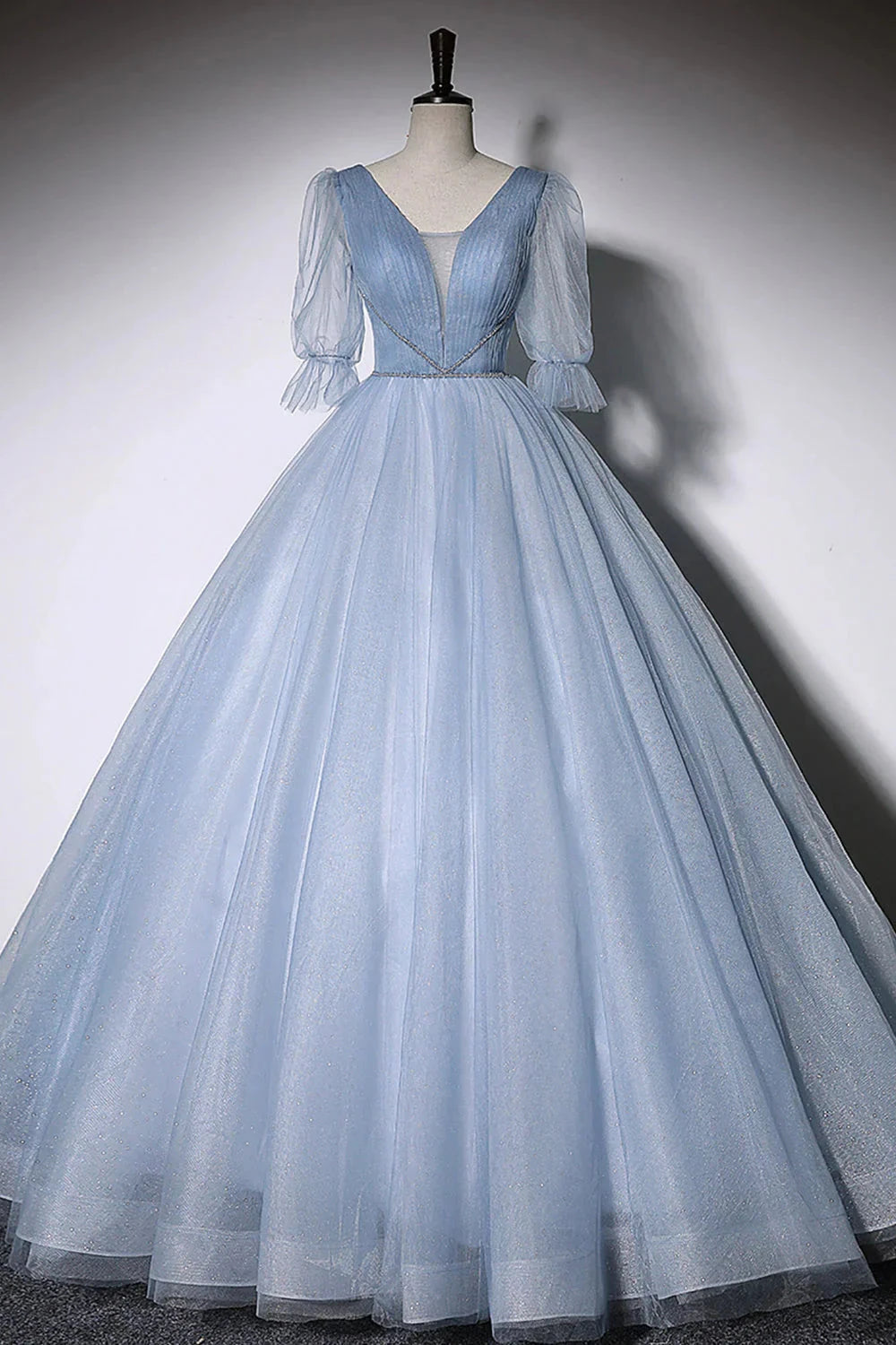 Blue V-Neck Tulle Long Prom Dress, A-Line Formal Evening Dress simple gentle atmospheric and unique desi Bring summer colors to enhance white by YiHuiw