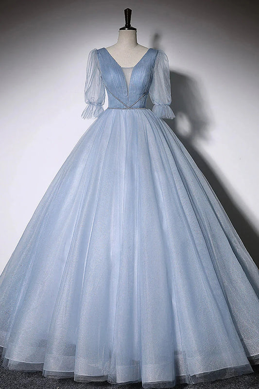 Blue V-Neck Tulle Long Prom Dress, A-Line Formal Evening Dress simple gentle atmospheric and unique desi Bring summer colors to enhance white by YiHuiw