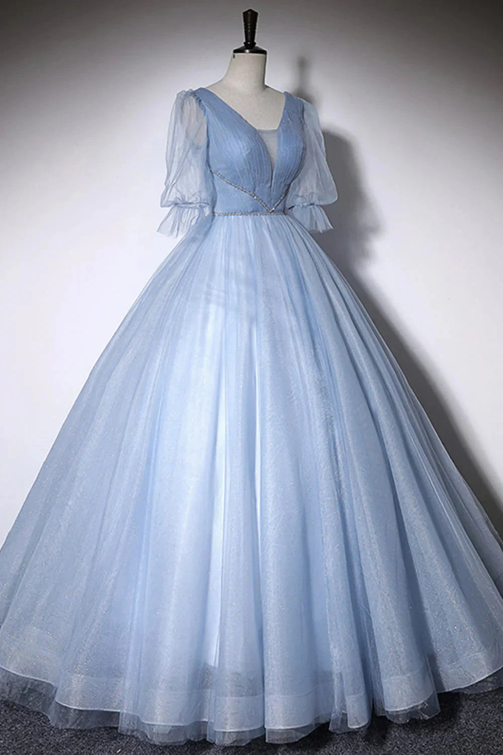 Blue V-Neck Tulle Long Prom Dress, A-Line Formal Evening Dress simple gentle atmospheric and unique desi Bring summer colors to enhance white by YiHuiw