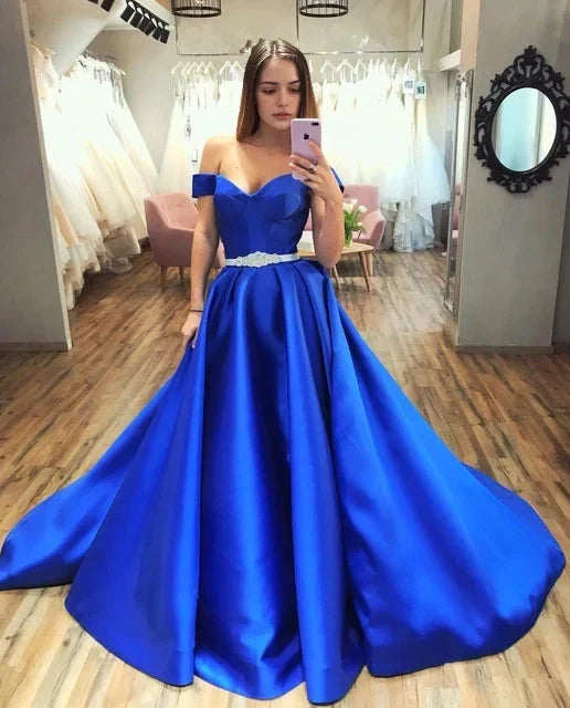 Blue satin long dress dress with suspender design and square neckline suitable for dinners, award ceremonies by YiHuiw