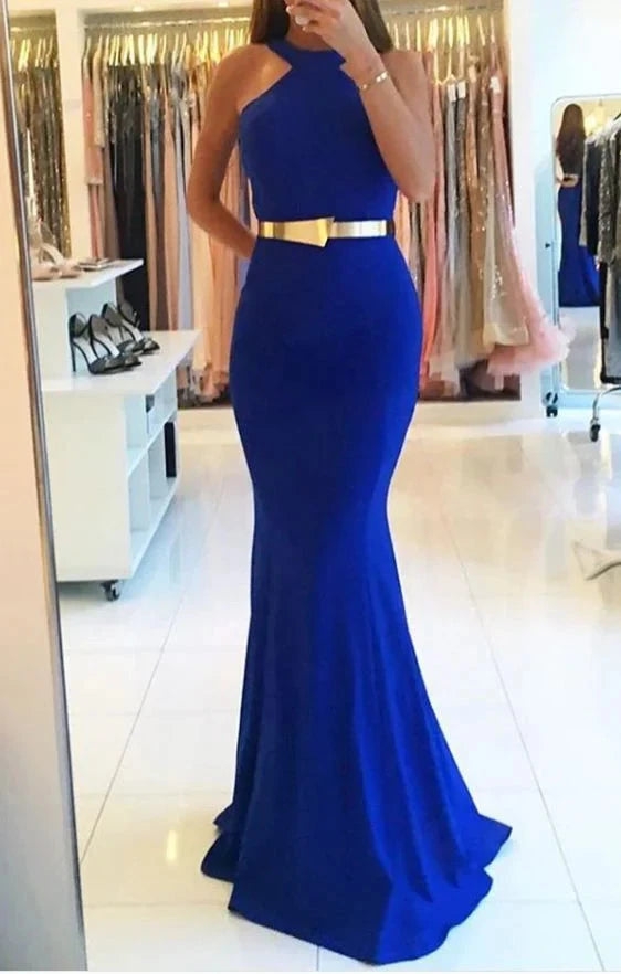 Blue fishtail skirt, high neck sleeveless back hollow out suitable for dinners, dances and other occasions by YiHuiw