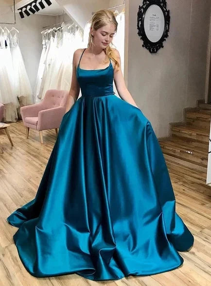 Blue satin long dress dress with suspender design and square neckline suitable for dinners, award ceremonies by YiHuiw