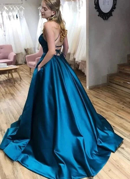 Blue satin long dress dress with suspender design and square neckline suitable for dinners, award ceremonies by YiHuiw