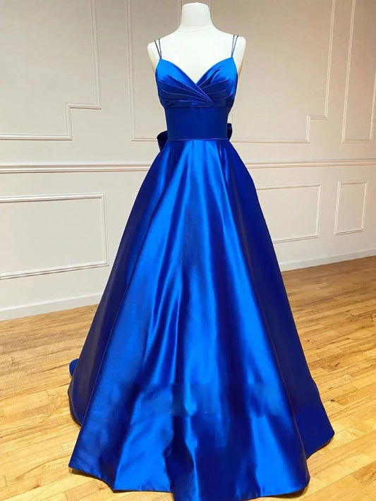 Blue v neck satin long prom dress blue evening dress simple gentle atmospheric and unique desi Bring summer colors to enhance whitenes by YiHuiw