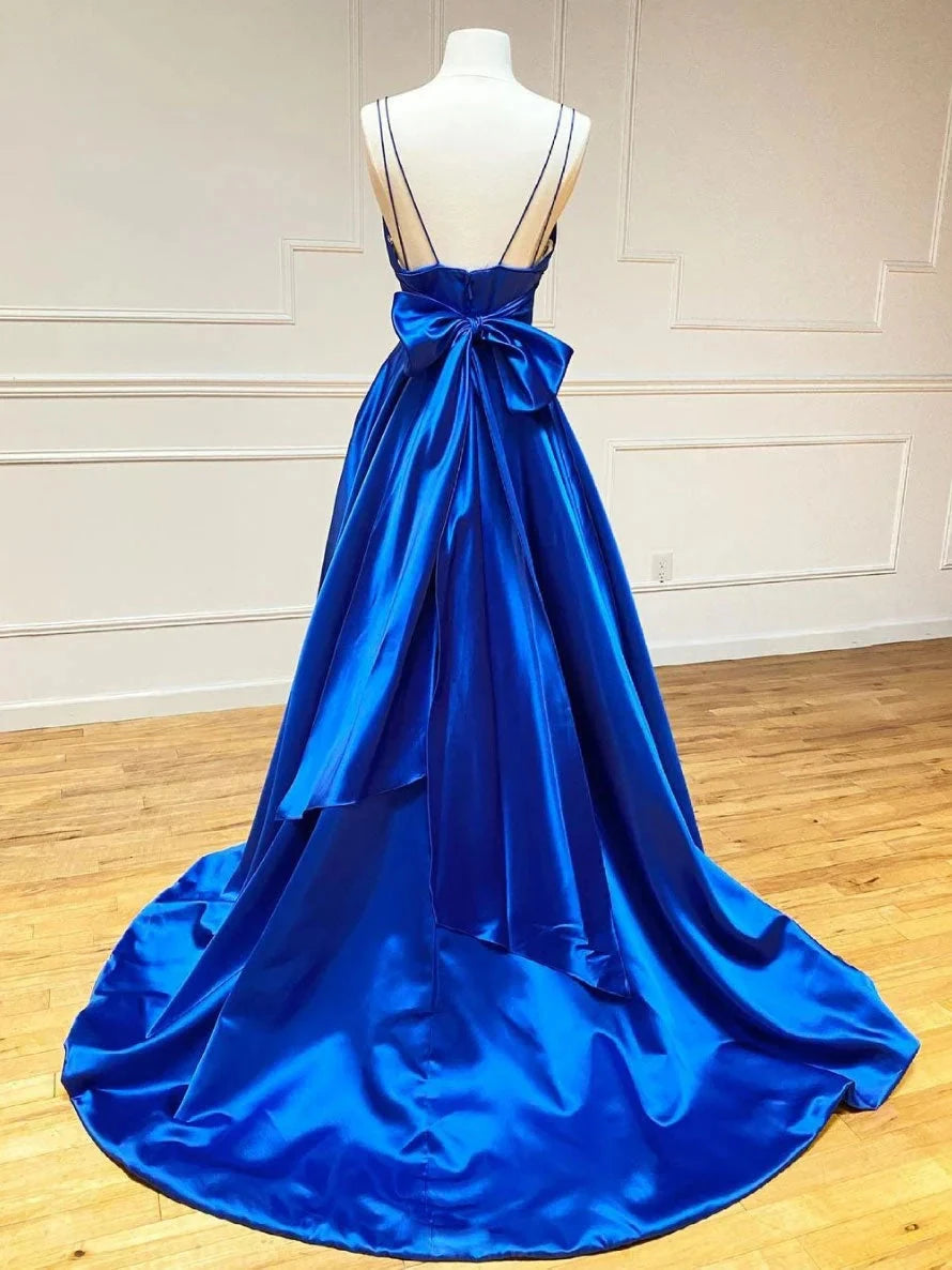 Blue v neck satin long prom dress blue evening dress simple gentle atmospheric and unique desi Bring summer colors to enhance whitenes by YiHuiw