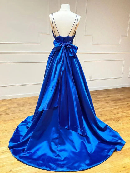 Blue v neck satin long prom dress blue evening dress simple gentle atmospheric and unique desi Bring summer colors to enhance whitenes by YiHuiw