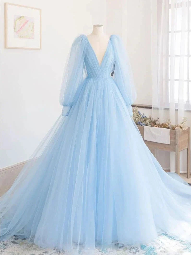 Blue v neck tulle long prom dress blue tulle evening dress simple gentle atmospheric and unique desi Bring summer colors to enhance whitenes by YiHuiw
