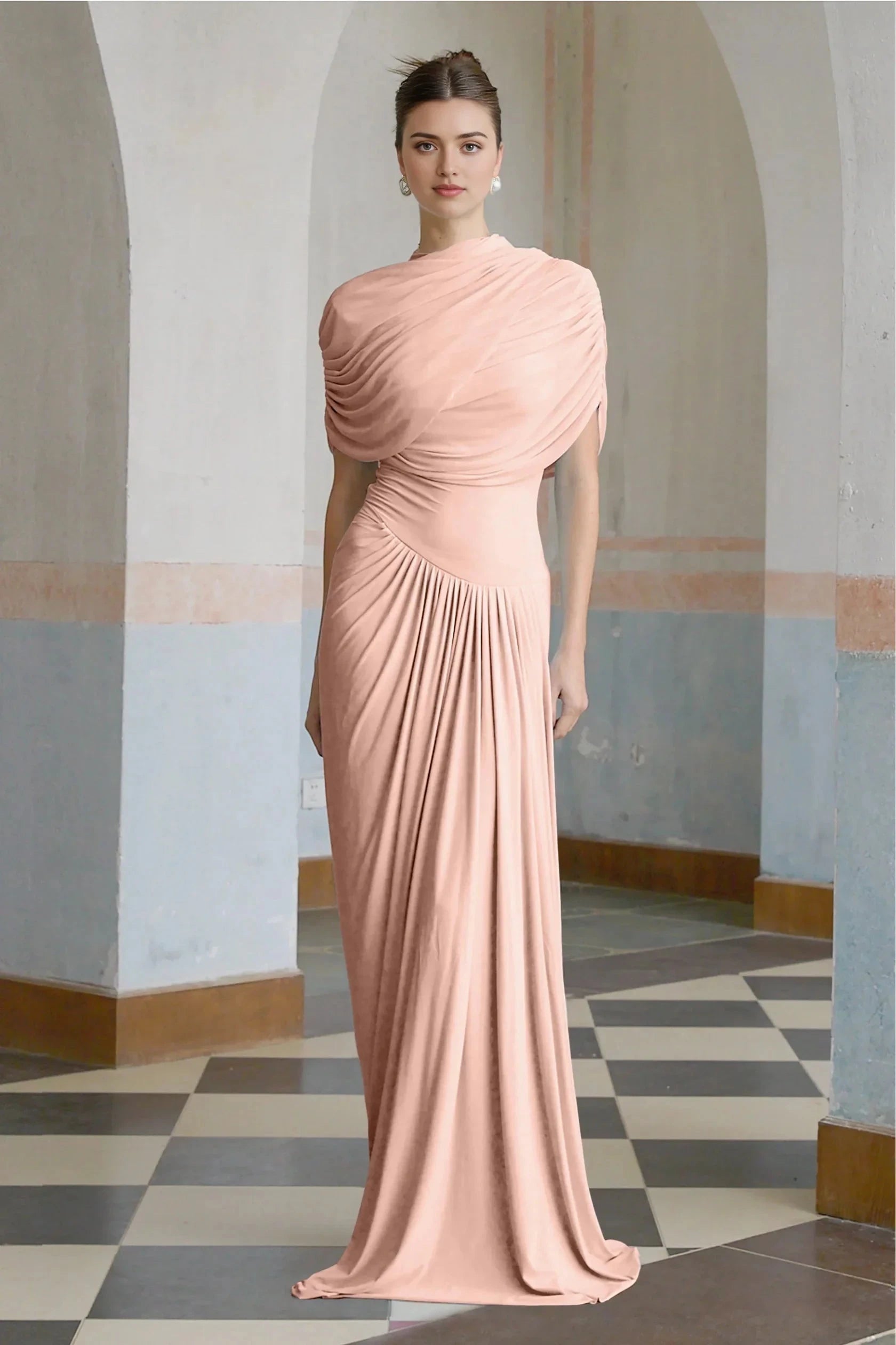 Blush Draped One - Shoulder Maxi Dress asymmetrical pleated maxi dress in Pink Evening Dress by YiHuiw