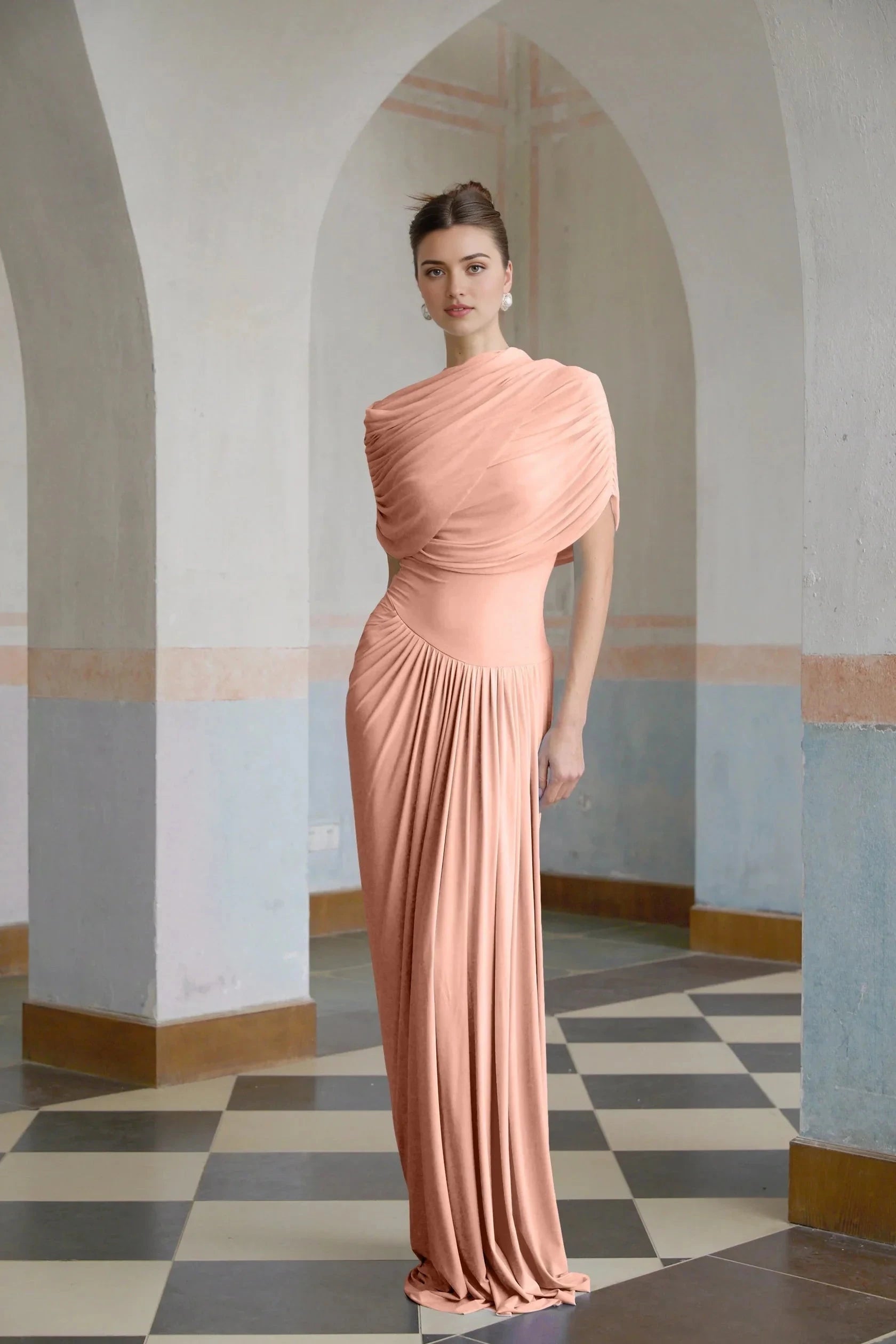 Blush Draped One - Shoulder Maxi Dress asymmetrical pleated maxi dress in Pink Evening Dress by YiHuiw